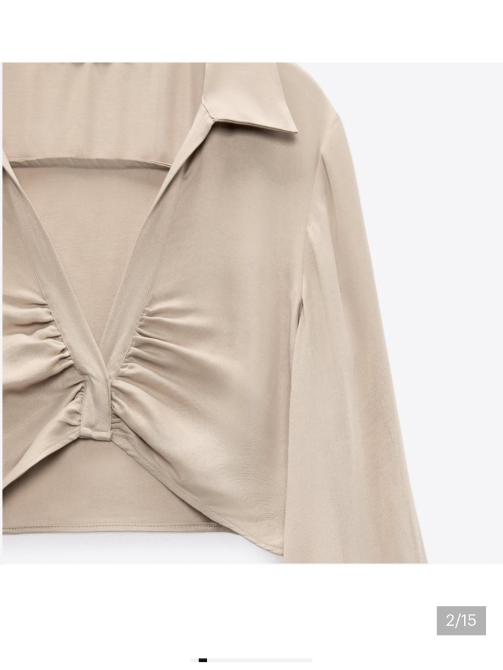 Zara Sand Beige Long-Sleeve Ruched V-Neck Crop Blouse M - Picture 3 of 5
